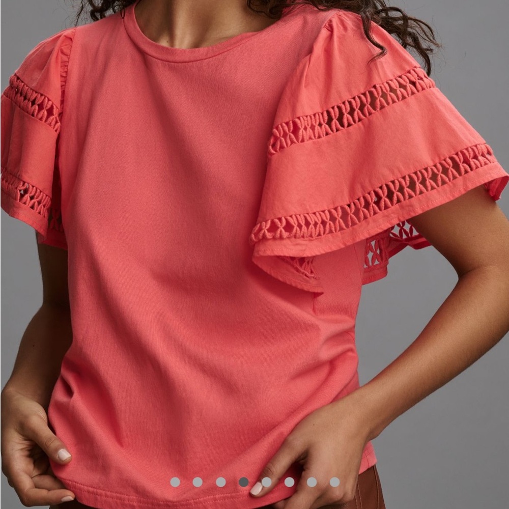 Brand New Self Contrast Flutter-Sleeve Cutwork Top
